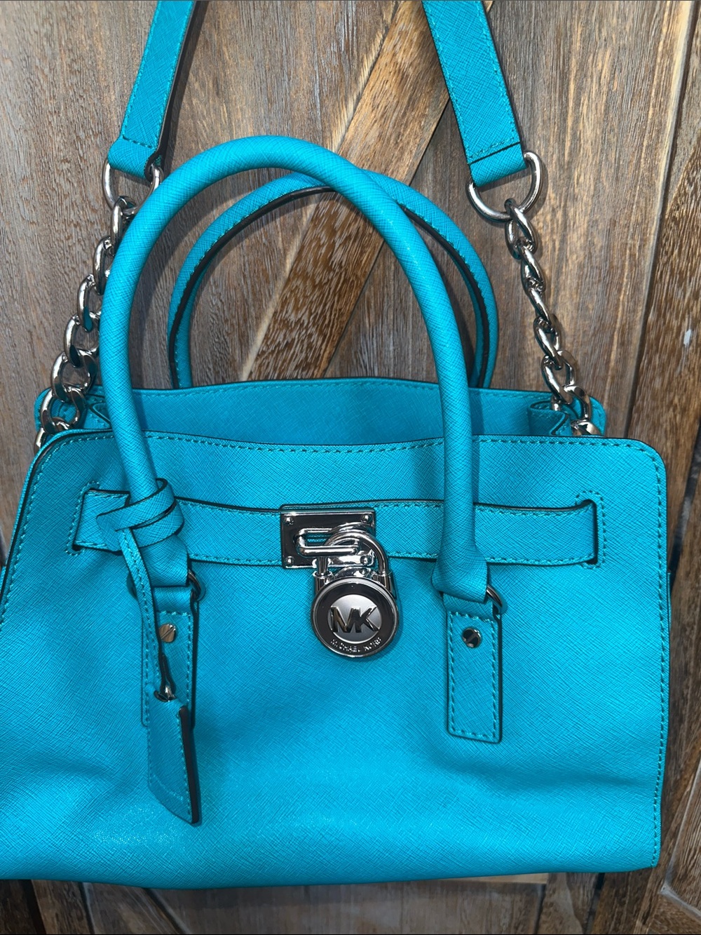 Michael Kors Turquoise Satchel Tote with Silver Padlock & Chain Shoulder Handbag - Picture 16 of 16